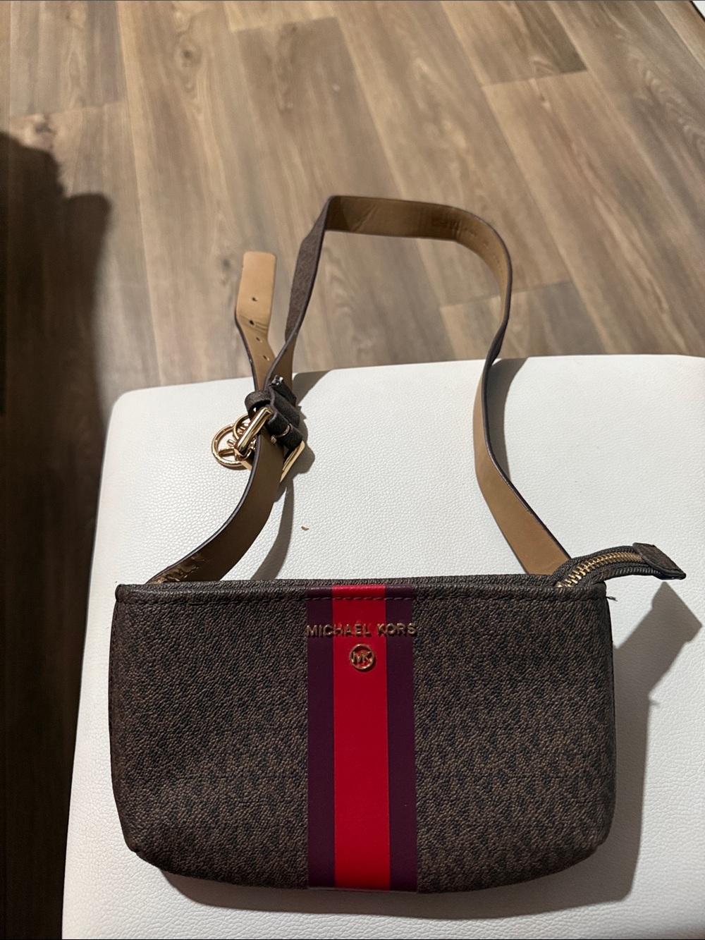 Michael Kors Brown Logo Crossbody with Red and Purple Stripe